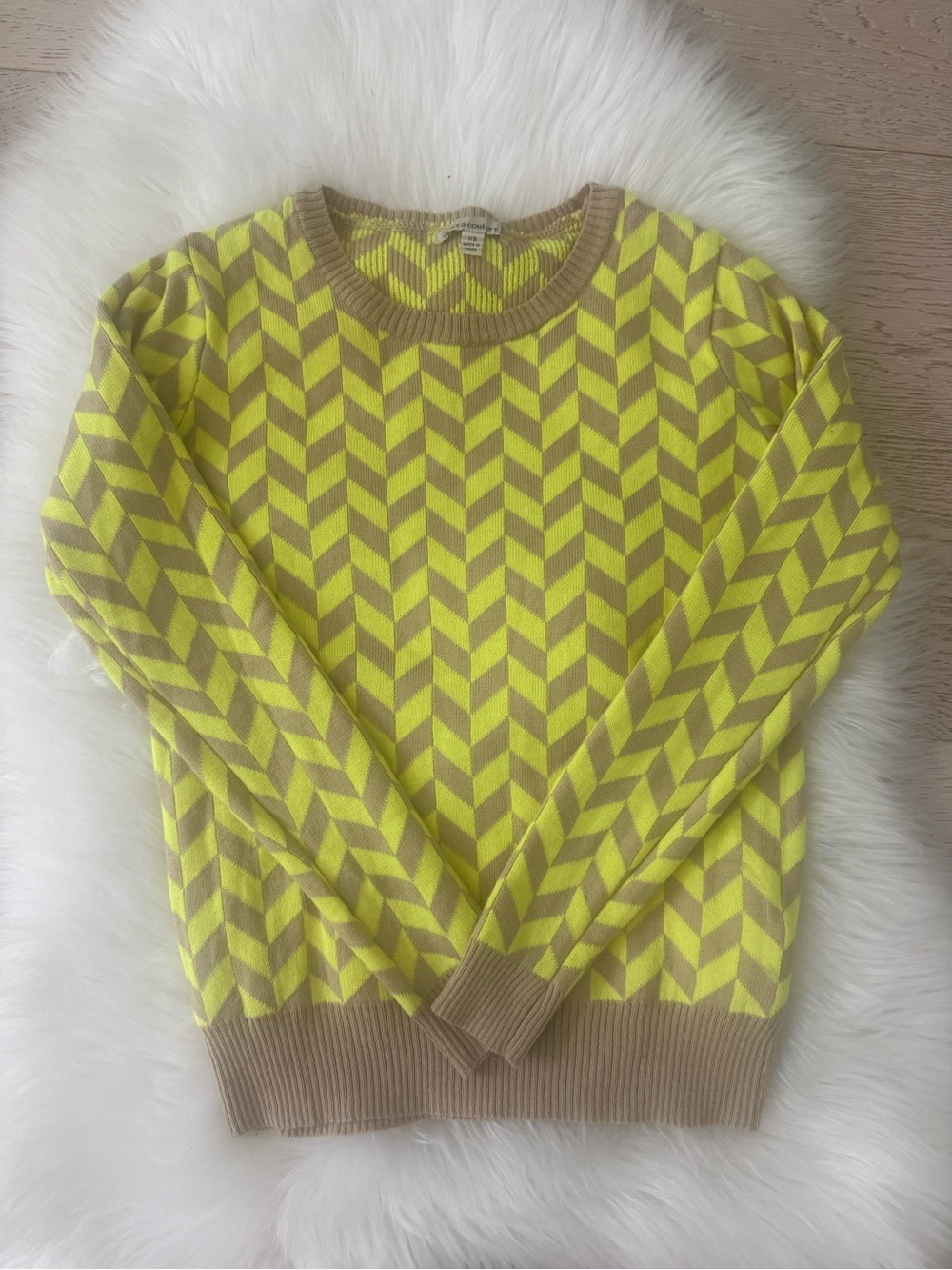 Neon Yellow Chevron Crewneck Sweater with Tan Trim